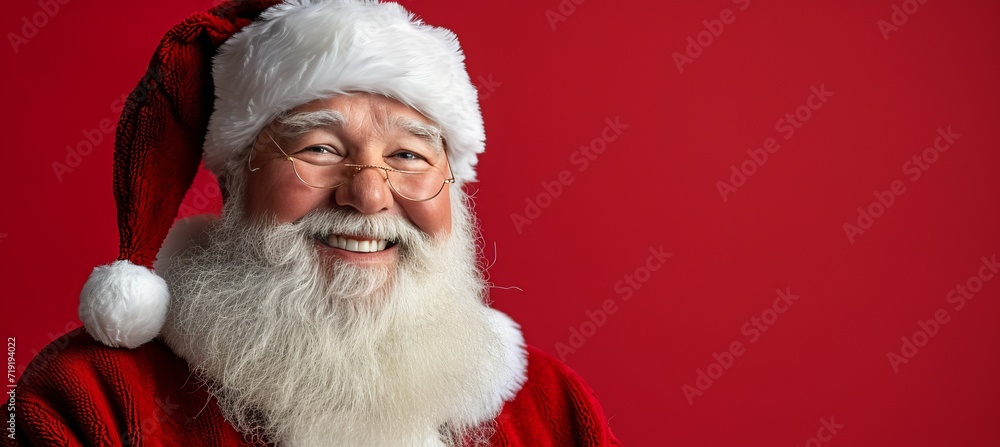 Poster funny santa claus with copy space on red background for text placement and design creativity
