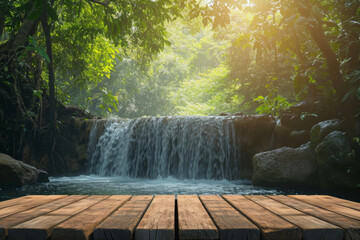 Wood table top podium floor in outdoor waterfall green tropical forest nature background.