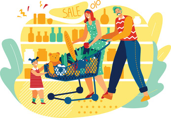 Family shopping together, happy child grabbing toy, parents fill cart with groceries. Grocery sale, full shopping cart with bread, vegetables, and shopping deals.
