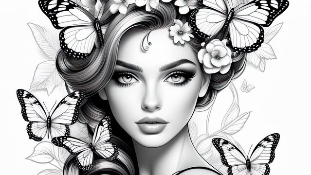 Anti stress coloring book page for adult and kids. Coloring book page. image of beautiful girl's face with flowers and butterflies