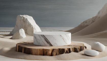 A composition of marble and drift wood pedestals, driftwood, and stones on sandy surface, set against a serene desert backdrop. Ideal for product display or nature-themed content