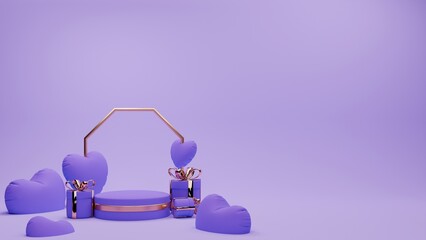 3D rendered purple and gold valentine themed podium display for banner template