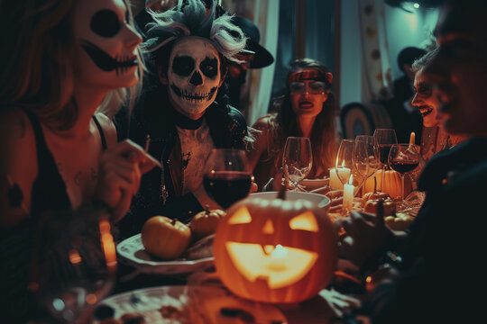 people in costume celebrating halloween together at a party	
