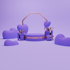 3D rendered purple and gold valentine themed podium display for social media post