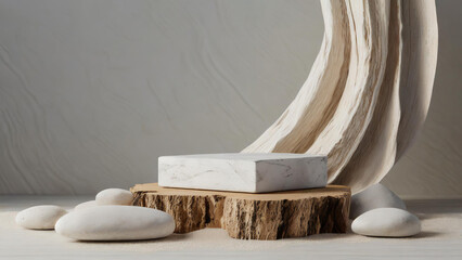A composition of marble and driftwood pedestals, driftwood, and stones on sandy surface, set against a marbled backdrop. Ideal for product display or nature-themed content