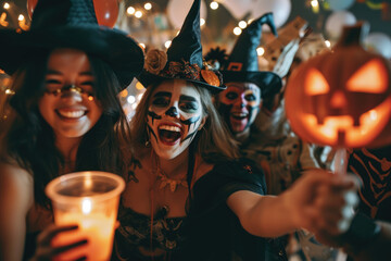 people in costume celebrating halloween together at a party	
 - obrazy, fototapety, plakaty