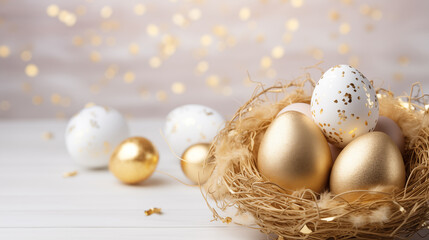 Fototapeta na wymiar White and golden easter eggs in a golden nest on blurred white background with golden glitter. Easter festival social media background design with copy space for text.