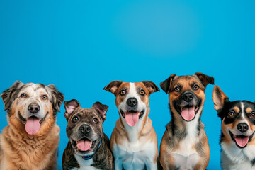 many dogs with open mouth on blue background. mouths open. Waiting for dog food. dogs sticking out their tongues. Portrait of purebred dogs sticking out tongue against blue background.