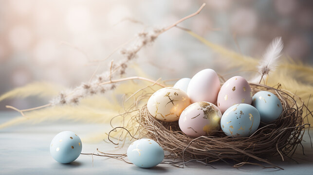 Pastel pink and blue easter eggs with golden pattern in a nest on blurred background. Easter festival social media background design with copy space for text.
