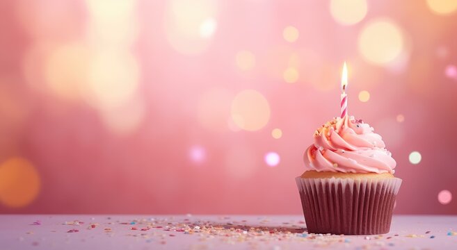 A close-up photo of a cupcake with a single candle on top of it, ready to be blown out.