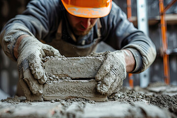 Close up of industrial bricklayer installing bricks on construction site