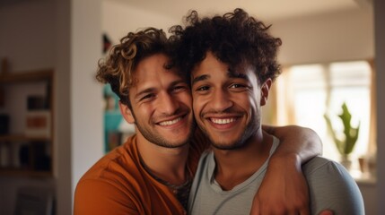 Obraz premium Close-up portrait of a happy laughing gay couple, friends at home.