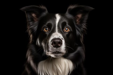 A black and white dog looks directly at the camera, capturing its attention.