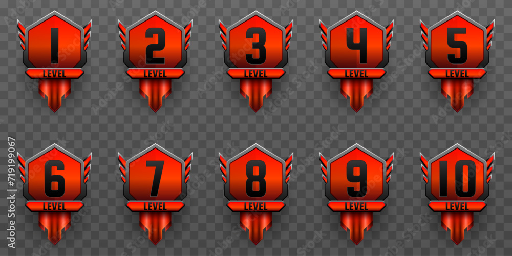 Poster game gui level up badges with orange and metallic black border for game ui designs