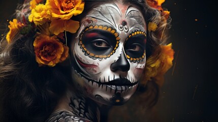 Day of the Dead illustration with sugar skull girl in decorative flower wreath. Neural network AI generated art