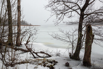 Peaceful scenery at the frozen lake Lielezers in blizzard in Limbazi in January in Latvia