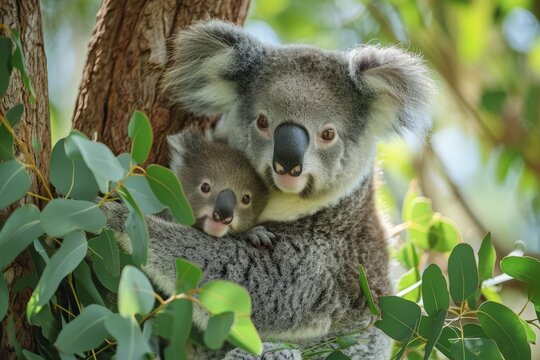 Koala with Newborn Joey in Eucalyptus Tree