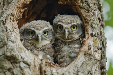 Owlets Peeking from a Tree Hole