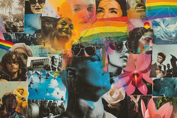 A collage made from photos and illustrations representing different aspects of LGBT+ life and culture