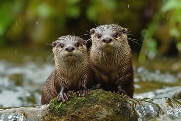 Fototapeta premium Frolicking Otter Pups in Riverbank