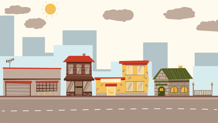 illustration cartoon cozy style of contemporary building and city in background