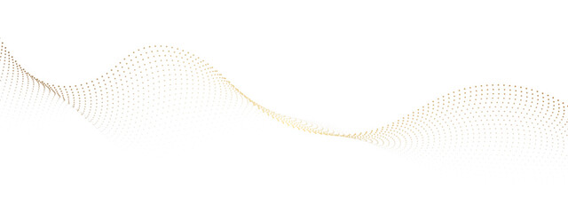 Abstract flowing golden dots particles wave curved lines on transparent background. Golden halftone gradient smooth curve line shape. Design for frequency sound, technology, science, banner, business.