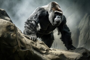 A large gorilla stands tall and powerful atop a rugged rock formation.