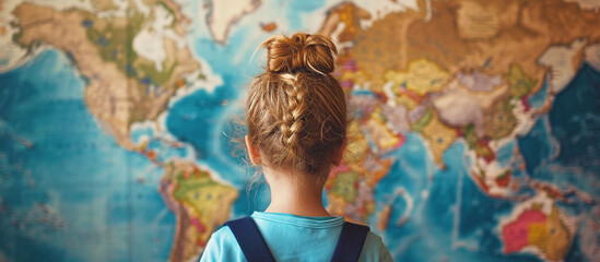 Girl looking at the world map and planning her trip during vacation