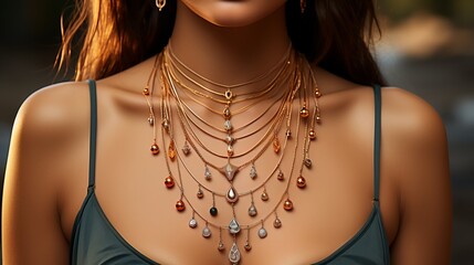 Closeup of layered golden necklace with colorful gemstones on the woman's neck.
