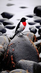A small bird with red and black feathers perched on a rock.