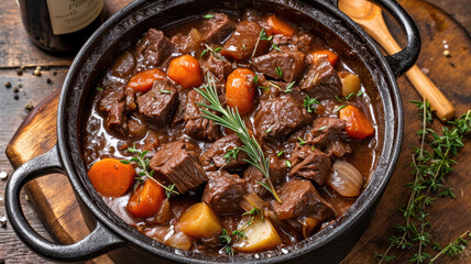 Top view of meat goulash in a pan.