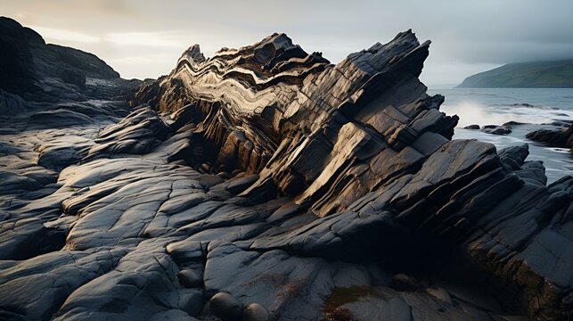 Striated metaphorphi rock layers and tidal pools make up the Pemaquid point near the Pemaquid lighthouse on th Maine Midcoast
