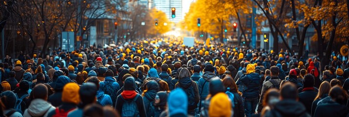 A crowded street in an autumn city at sunset, filled with people in warm clothes. Concept: city life, social events and urban traffic
 - obrazy, fototapety, plakaty