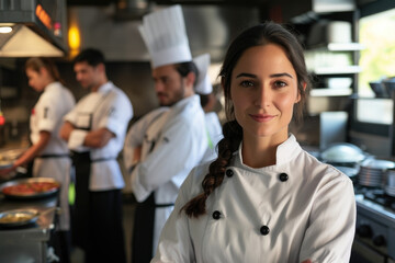 Portrait of chef standing with her team on background in commercial kitchen at restaurant