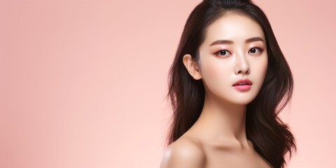 A beautiful Asian woman with a Korean makeup look touches her face and flawless complexion on a pink background, showcasing her facial treatment and cosmetic procedures. - obrazy, fototapety, plakaty
