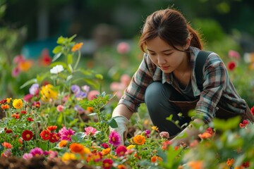 Young gardener tending to flower bed