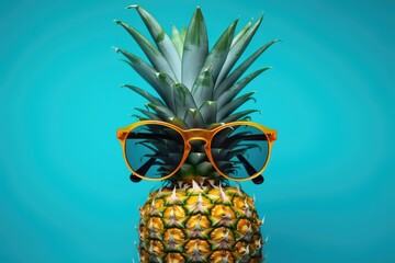 A pineapple confidently wears sunglasses while posed against a vibrant blue background.