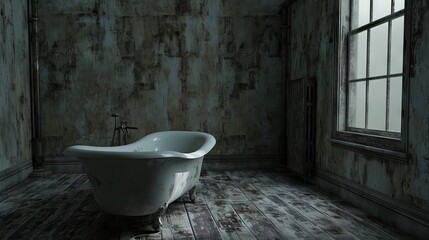 Interior of an old abandoned building with a dirty bathtub and window - obrazy, fototapety, plakaty