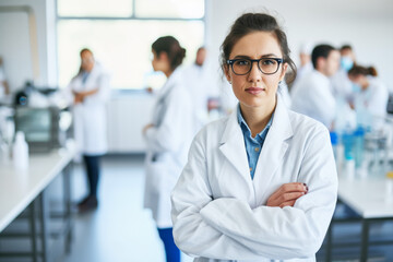 Fototapeta premium Female Researcher in Laboratory. Female scientist with glasses and lab coat standing in a lab, with focused colleagues working in the background.
