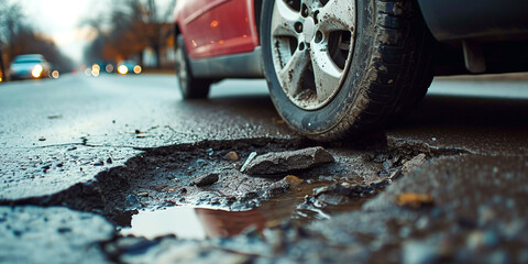 a car wheel falls into a hole on the road