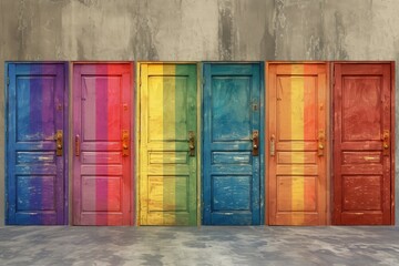 A conceptual piece showing a series of doors, each painted in different pride flags, representing various identities