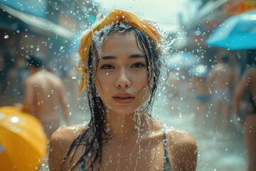 Obraz premium Beautiful Asian female tourist playing in the water on Songkran day Celebrate Songkran Festival Carrying colorful water guns and having fun splashing water on the streets of Thailand.