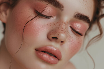 Beautiful young woman with peach makeup and freckles. Trendy style.