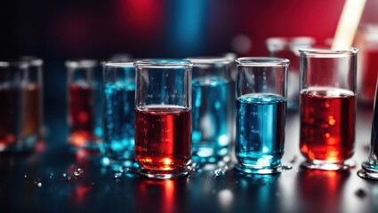  Test tube row, Concept of medical or science laboratory, liquid drop droplet with dropper in blue red tone background, close up, macro photography picture