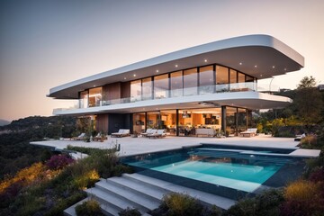 Fototapeta premium The unique and sleek rooftop solar panel system takes center stage, showcasing an innovative approach to sustainable living