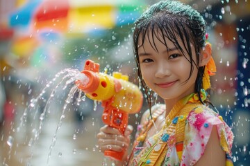A beautiful Asian female tourist Playing in the water on Songkran Celebrate Songkran Festival Holding a colorful water gun with a fun water play on a street background in Thailand.