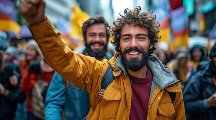 Portrait of an elderly man in winter clothes against the backdrop of a street demonstration. Concept: activism, social participation and generational diversity
