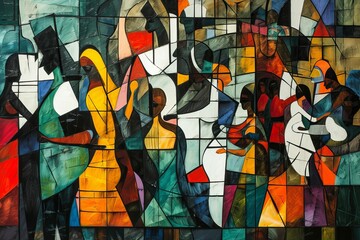 A cubist representation of a pride event, with fragmented scenes and figures coming together in harmony