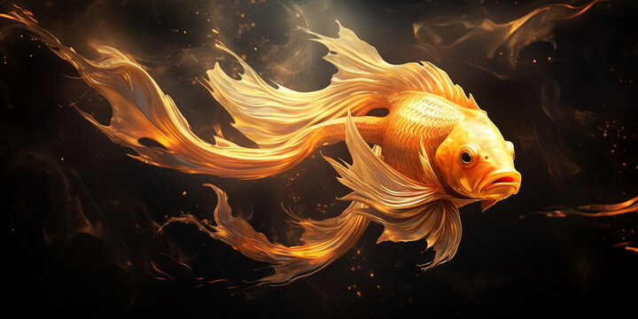 There is a gold fish with long hair and orange leaves, Goldfish with RibbonLike Fins Illustration, Golden Koi Fish Swimming in a Dark Pond, A gold fish with gold wings on a black background


