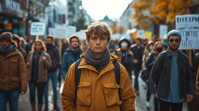 A crowded street in an autumn city at sunset, filled with people in warm clothes. Concept: city life, social events and urban traffic
